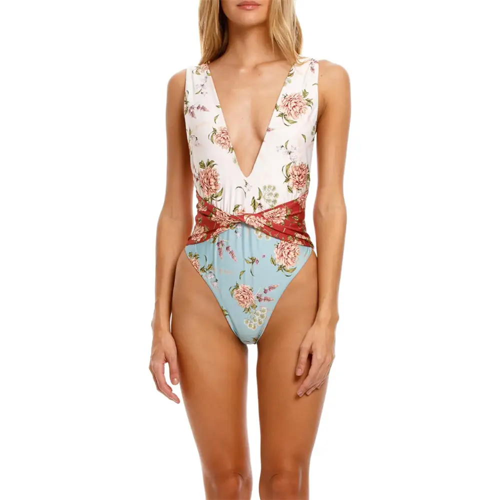 Deep V Neck Patchwork Print Day Blue Maroon One Piece Ladies Swimsuit