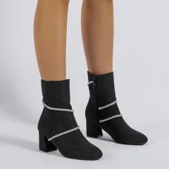 Chunky Mid Heel Boots With Rhinestone Chain Design Shoes For Women - Black - View 1