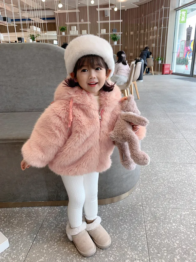 Girls Padded Fur Hooded Padded Jacket Faux Fur Top Orange - Shop at LoveMi