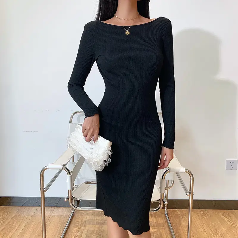 Fashionable Hollow One-piece Long Sleeve Dress Chain Slim One Step