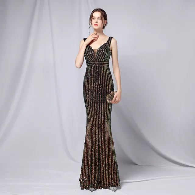 New Sequined Fishtail Long Dress Black Gold - Shop at LoveMi