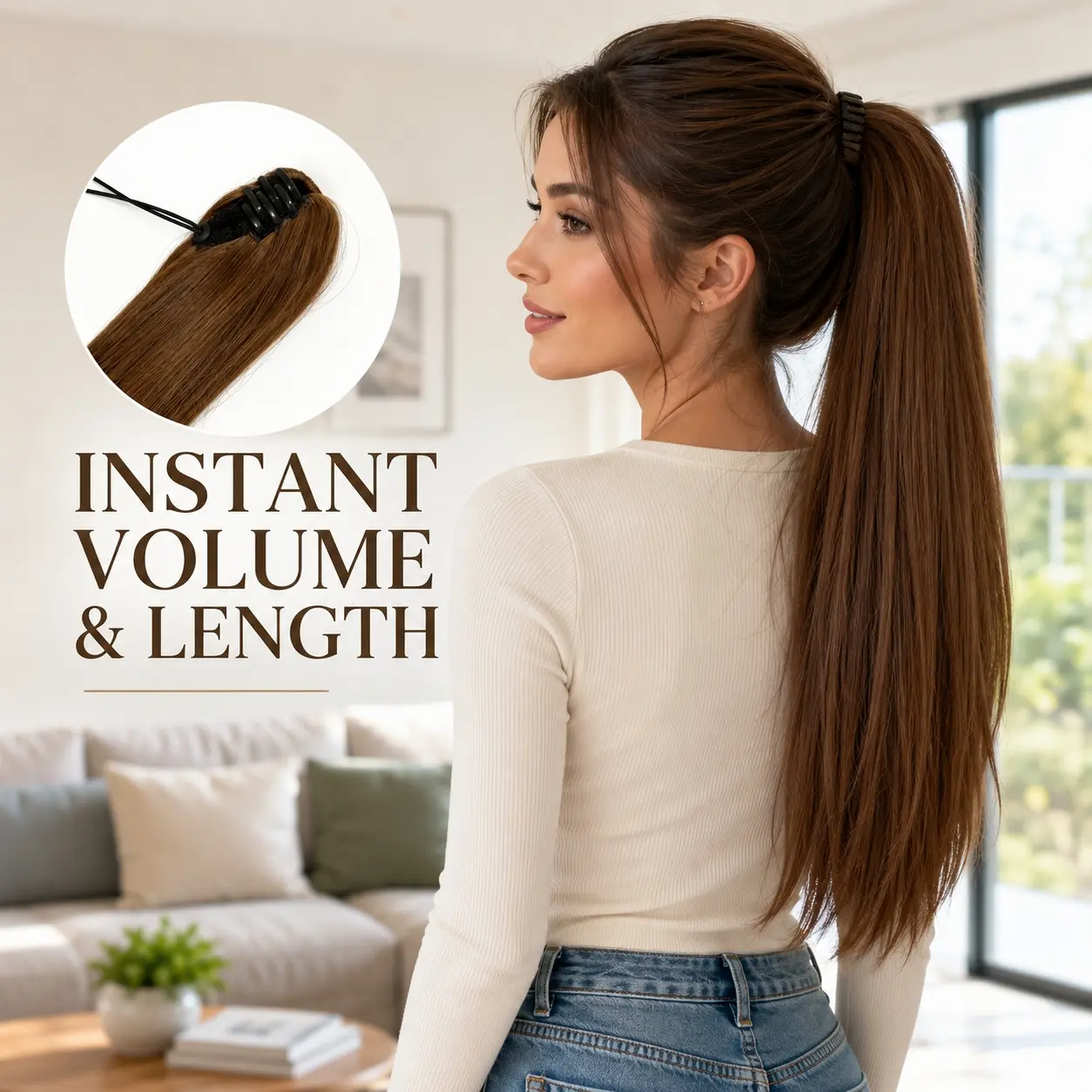 Straight Ponytail Extension Drawstring Ombre Brown LongClip-in Hairpiece For Black Women Synthetic Hair ExtensionsNatural Fit