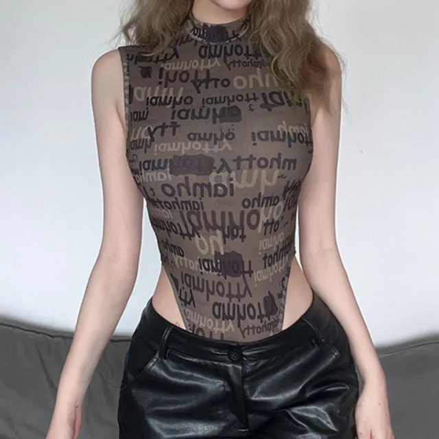 Retro Wind Old Newspaper Letters Printed Sleeveless Thin Jumpsuit Street Slim Bottoming Tank Top Military Green - Shop at LoveMi