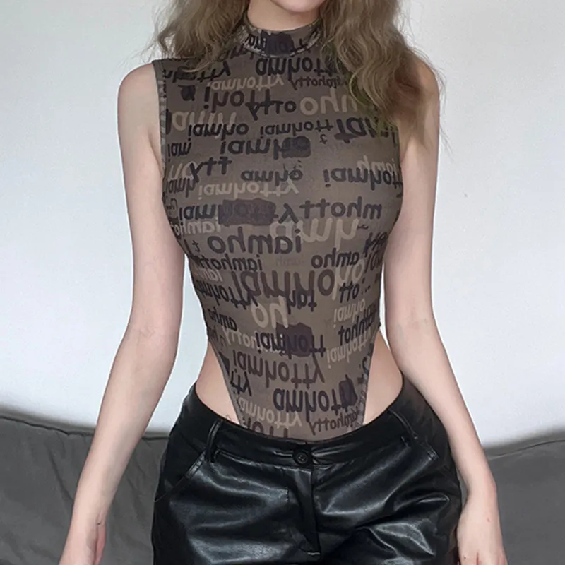 Retro Wind Old Newspaper Letters Printed Sleeveless Thin Jumpsuit Street Slim Bottoming Tank Top - Military Green