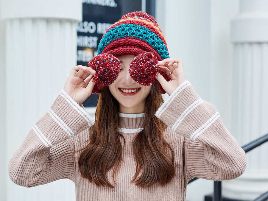 And Fluffy Ball Knitted Ear Protectors To Keep Warm