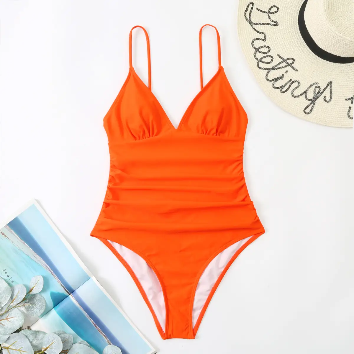 Solid Color One Piece Swimsuit Yellow Conservative Sling Halter