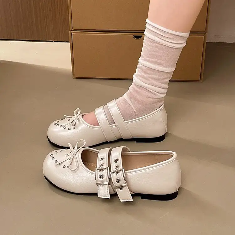 Women Y2K Punk Rivet Front Bow Double Strap Mary Jane Flats, Round Split Toe Soft Wrinkled Leather Two Buckle Casual Student Uniform