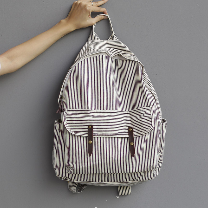 Title 7, Simple Striped Canvas Backpack Casual Fashion L...