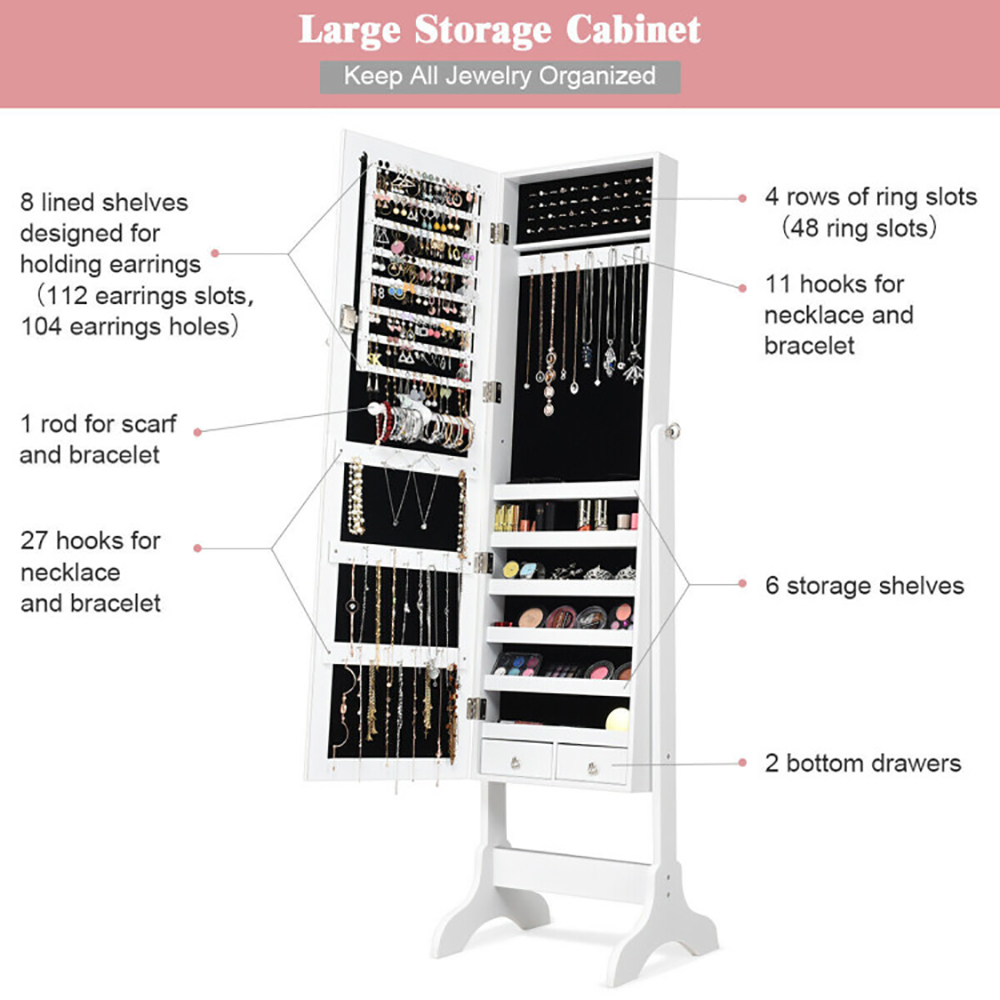 Lockable Mirrored Jewelry Cabinet Armoire Storage Organizer Box 6