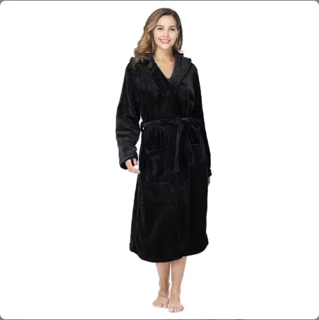Local Stock Plush Oversize Winter Soft Warm Long Flannel Bathrobe With Hooded Women Thick Night Fleece Bath Robes Dressing Black - Shop at LoveMi