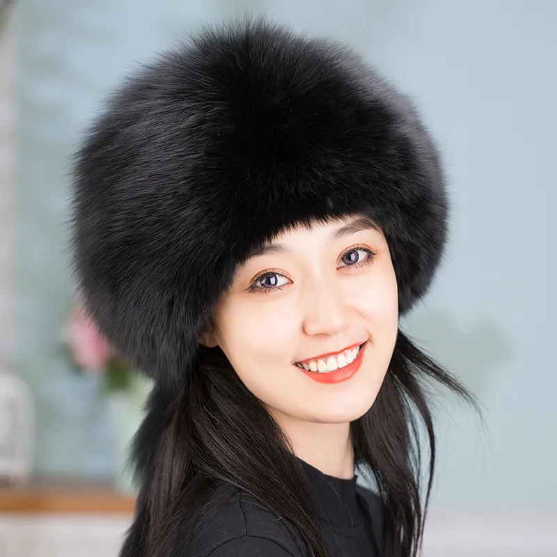Women's Ear Protection Warm Fox Fur Hat - Black