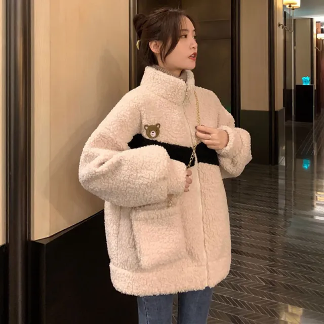 Lamb Wool Plus Velvet Jacket Female Design Sense Contrast Color Apricot - Shop at LoveMi