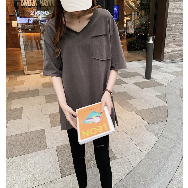 Summer V-neck Short Sleeve T-shirt Women's Loose Large Medium Length Shirt