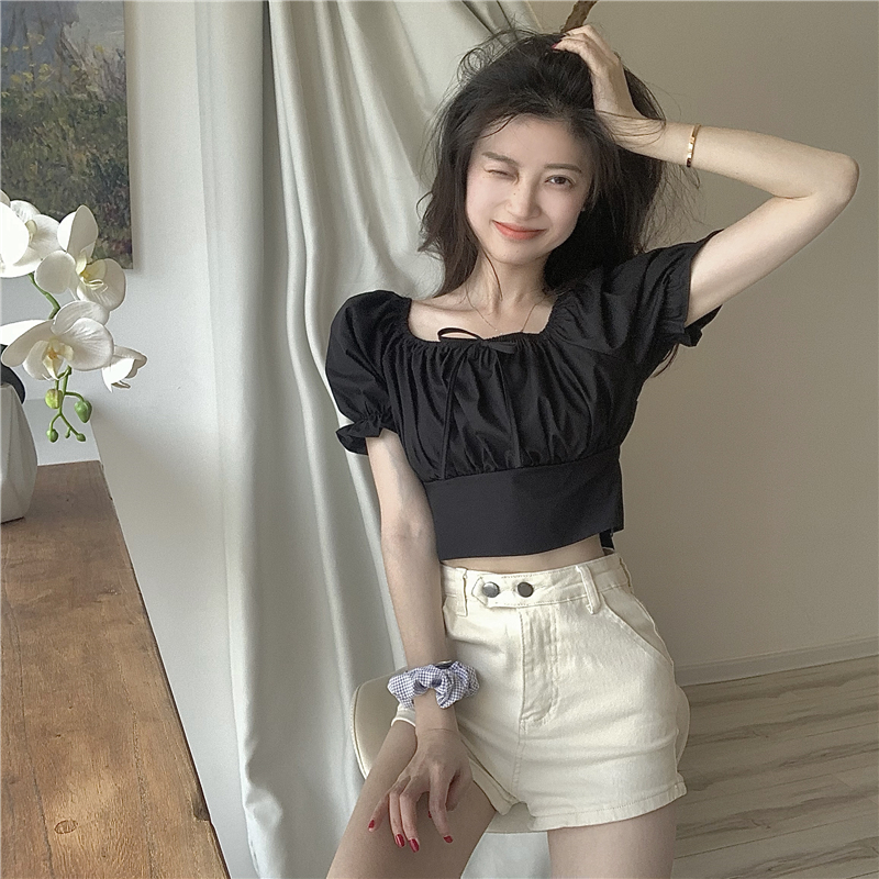 Title 3, Puff Sleeve Retro High Waist Slim Short Sleeve