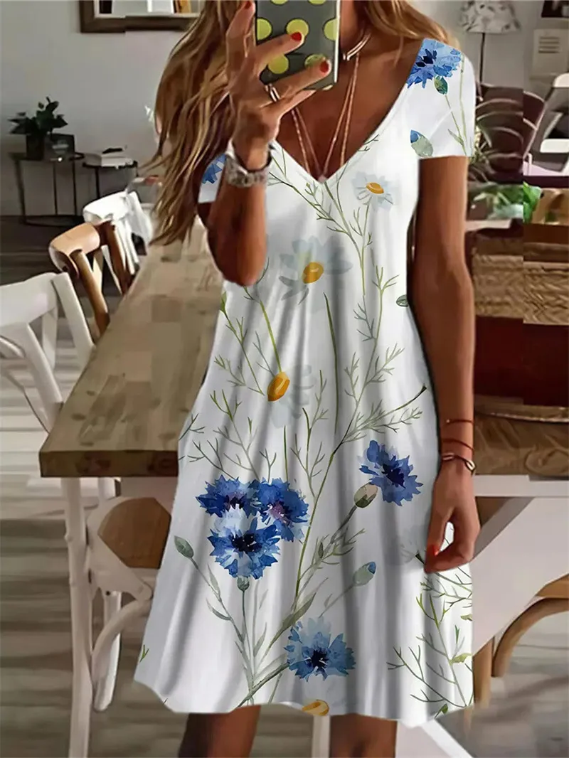 Printed V-neck Short-sleeve Street Trend T-shirt - F165P415