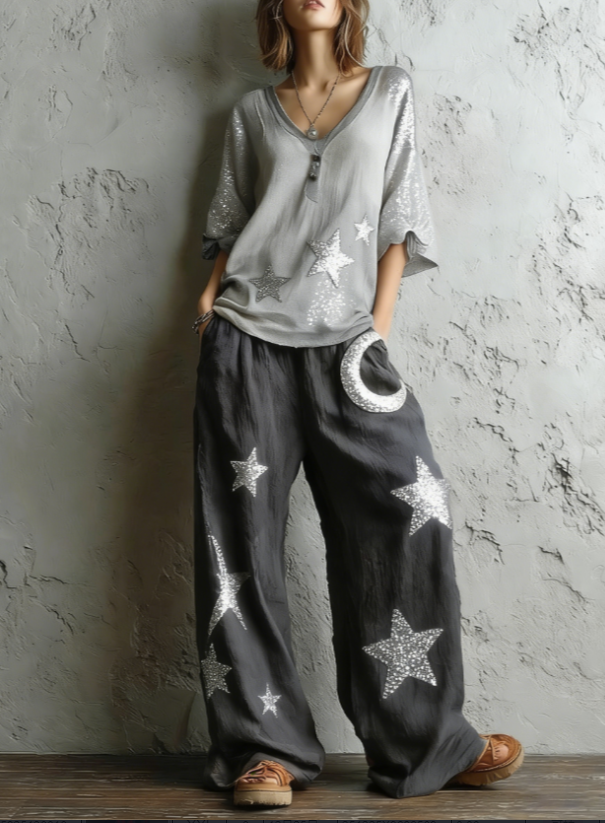 Bohemian tweedelige set met losse top met sterren- en maanprint en wijde broek – meerkleurig verloop, L