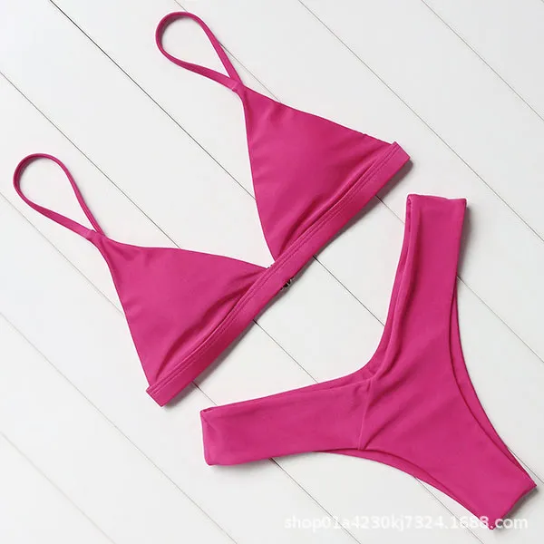 Solid Colour Bikini Sexy Strappy Swimsuit - Rose