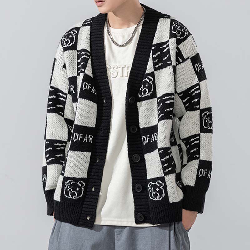 Knitted Cardigan Sweater Men's Plaid Color Patchwork Loose Teenage Student Coat