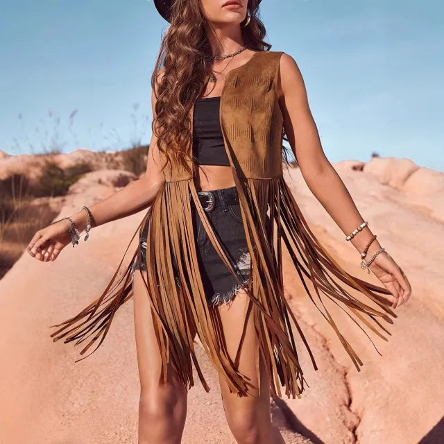 Women's Summer New Western Cowboy Style Suede Under The Skin With Fringe Hollowed Out Long Vest Brown - Shop at LoveMi