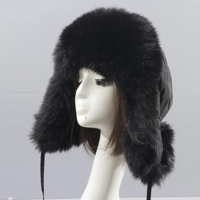 Women's Thick Warm Ball Ear Protection Hat Winter Plus Velvet Faux Fox Fur - Black