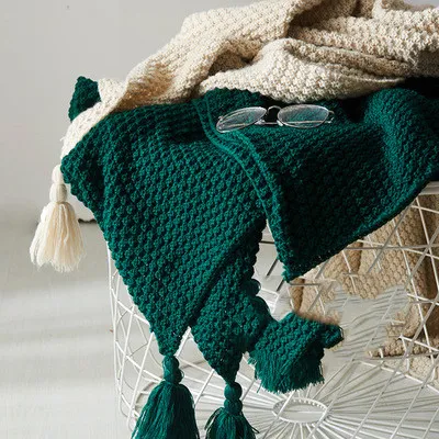 Nordic Tassel Knitted Blanket Office Nap Sofa Cover Bed End Towel - Dark Green