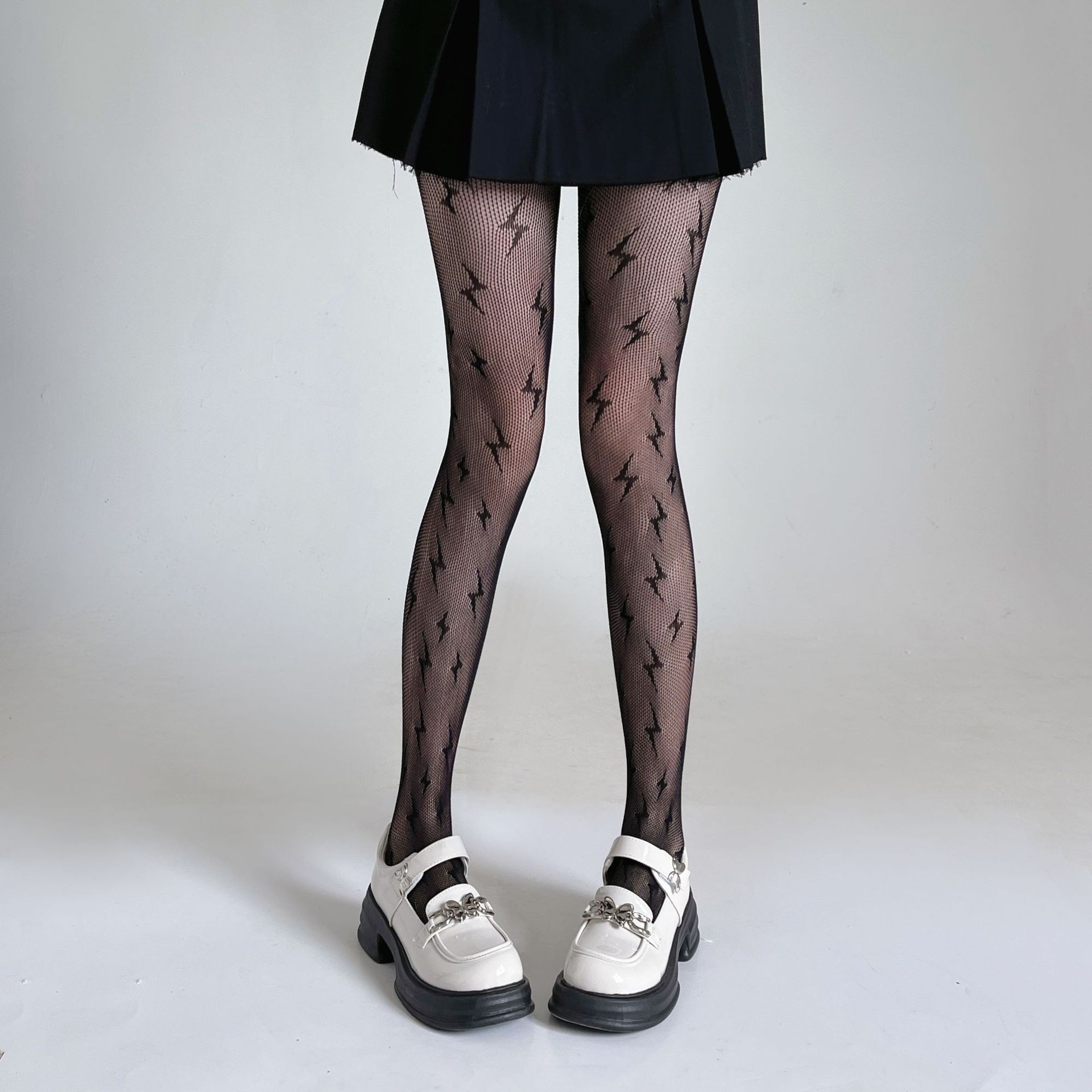 Retro Lace Hollowed Out Fishing Net Socks For Women, Thin Jacquard Sexy Black Stockings, Personalized Lightning Bottom Pantyhose