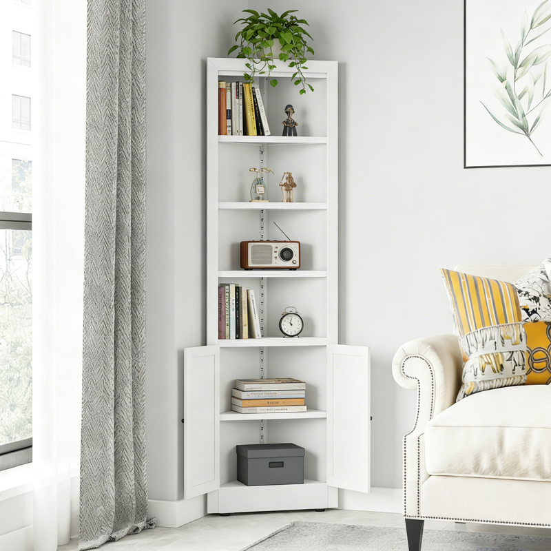 71in White Corner Storage Cabinet W 2 Doors, 5-Tier Metal Shelving Unit For Kitchen Pantry Living Room Bathroom Laundry 6