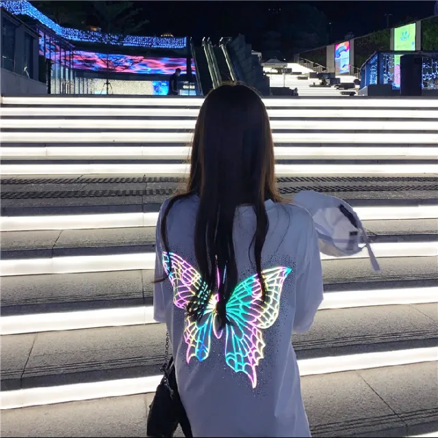 Korean Version Ins Retro Reflective Butterfly Print Loose Bottoming Shirt Short Sleeved White - Shop at LoveMi