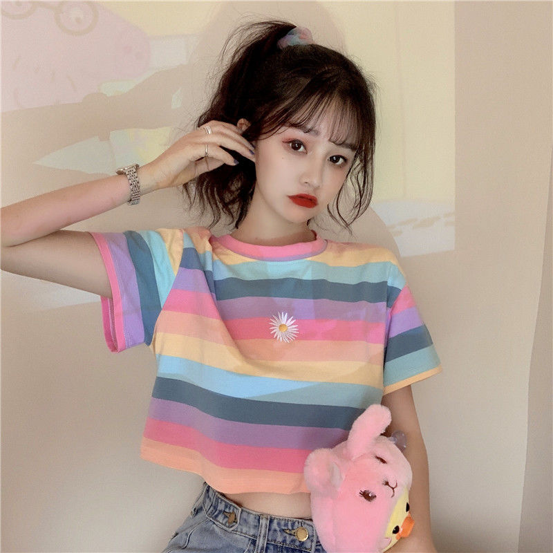 Colorful Stripe Short Sleeve Female Student Korean Loose Bf Spring Summer Top