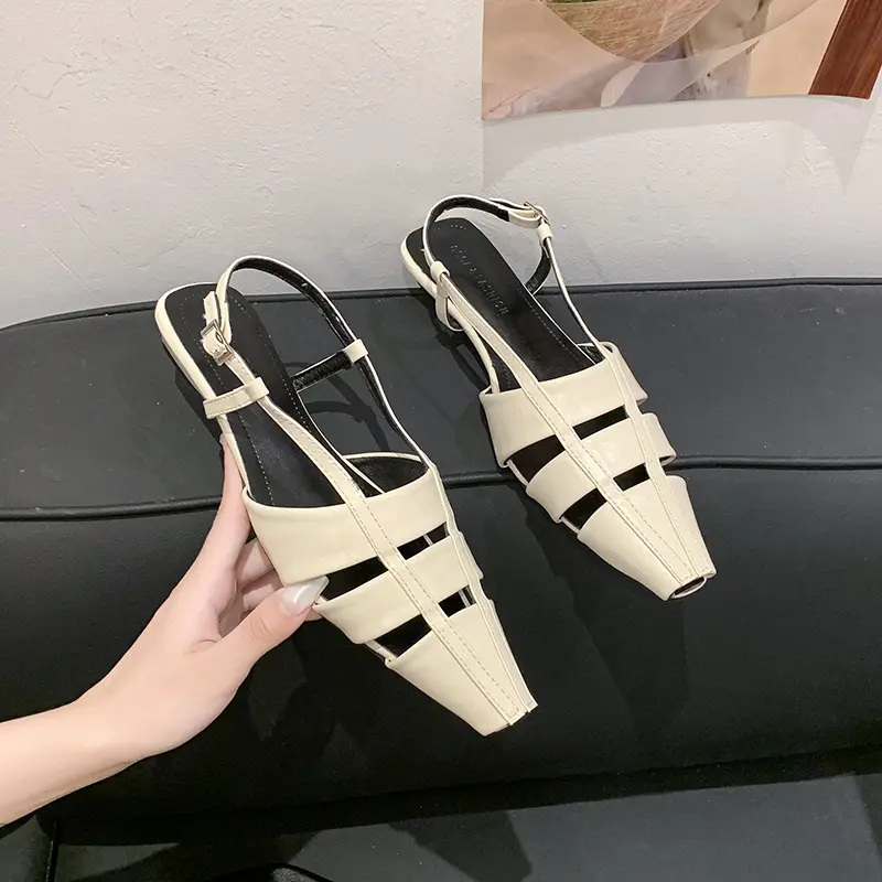2026 Women Unique Design Hollow Breathable Genuine Leather Back Strap Roman Sandals, Square Covered Toe Mid Block Heel Cowhide Sandals