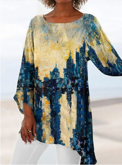 Digital Print Loose Round Neck Long Sleeve Shirt