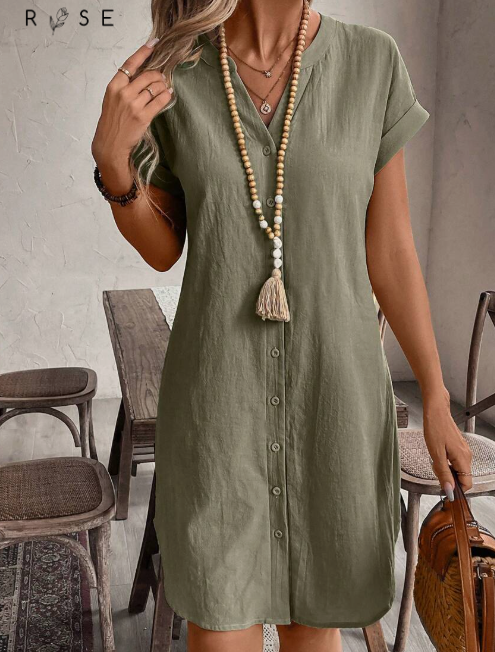 Solid Notched Button Front Batwing Sleeve Shirt Dress