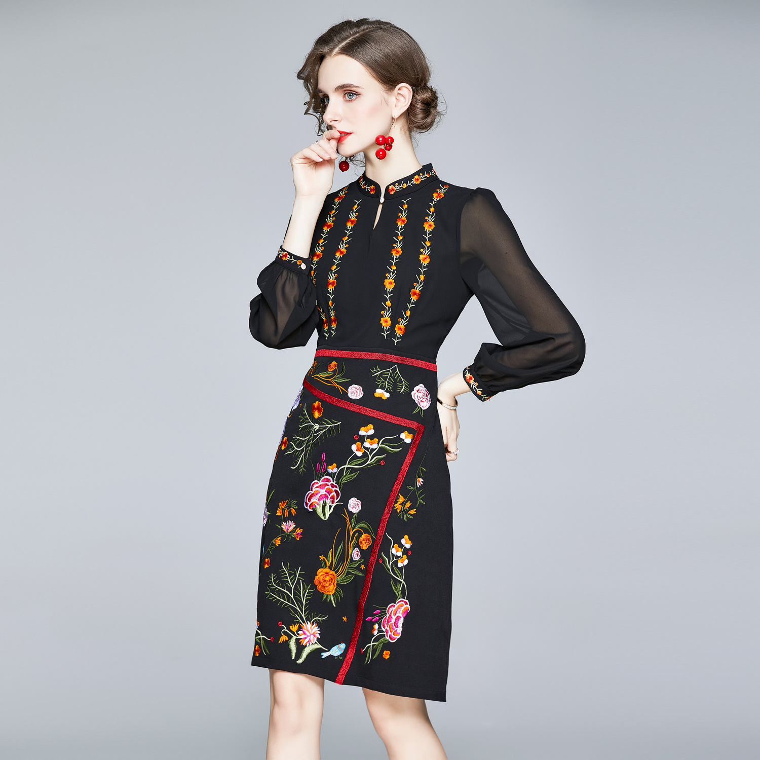 Embroidered Long-Sleeve Midi Dress