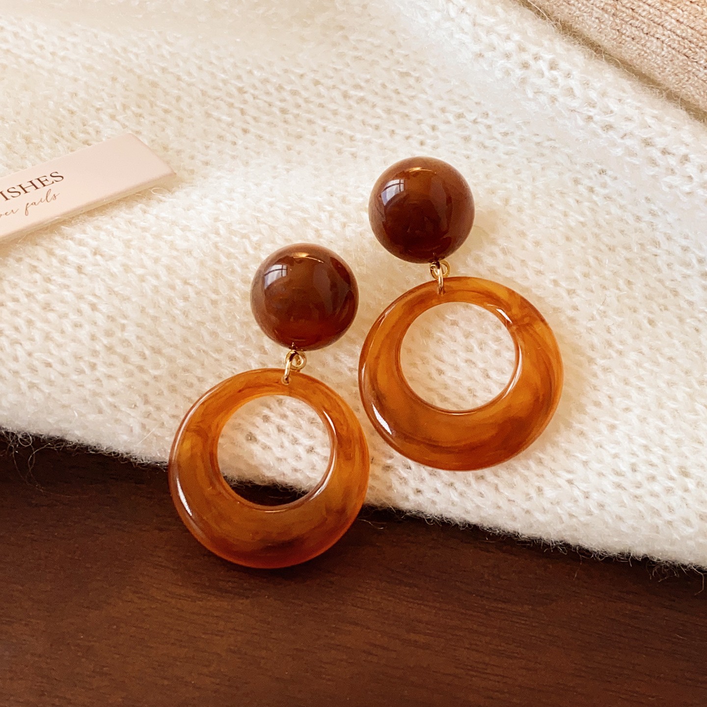 Amber Resin Stud Earrings with Gold-Tone Accents - Vintage Button Style - Image 6