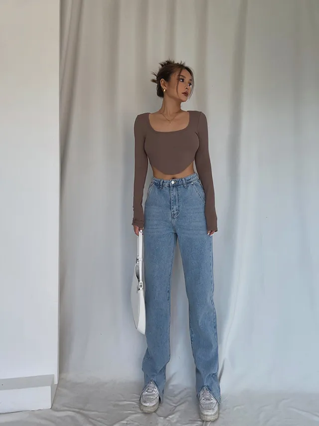Handsome Cool Stylish Front Slit High Waist Jeans Mop Light Blue - Shop at LoveMi