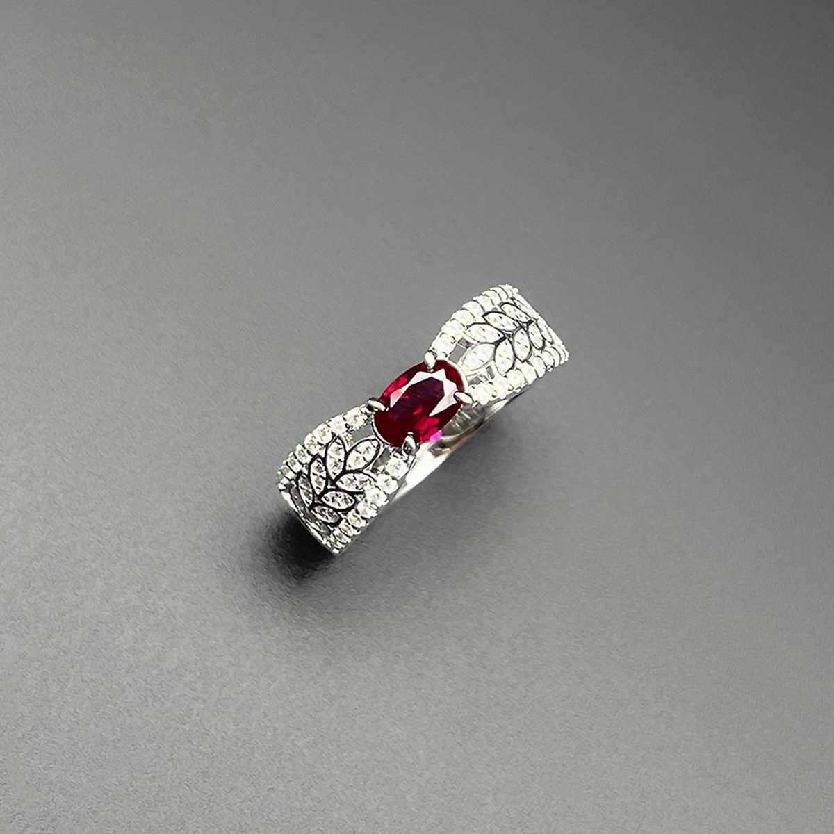 Sterling Silver Wheat Ear Hollow Ribbon  Red Gem Ring