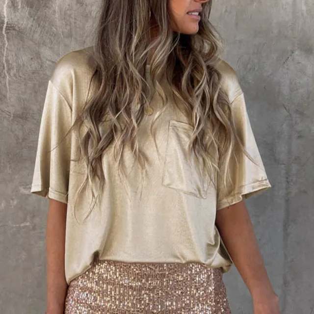 Solid Color Chest Pocket Loose Design Short Sleeve Apricot - Shop at LoveMi
