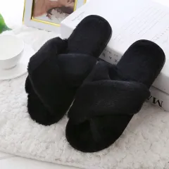 Slippers Women Indoor Plush Thick-soled Home Household Furry Non-slip Soft Bottom Summer - Black - View 1
