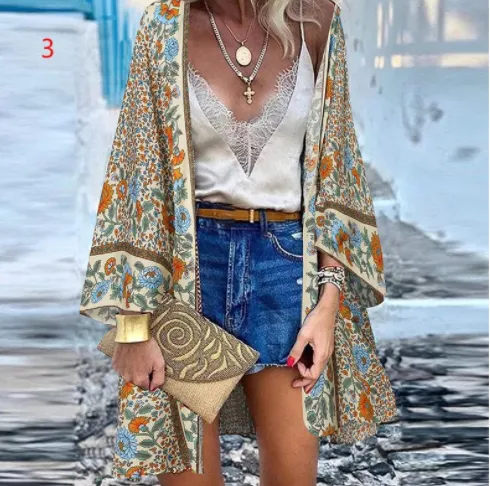 Casual Resort Doll Sleeve Cardigan Print Top Cardigan - 3Color-4Xl