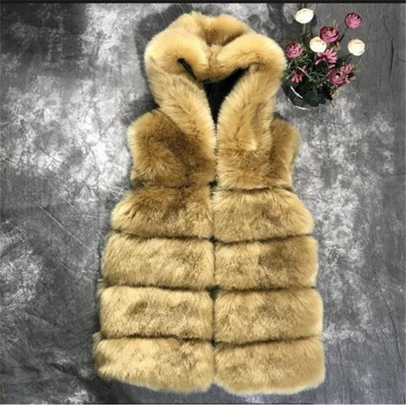 Hooded Horizontal Striped Faux Fur Vest Yellow Camel - Shop at LoveMi