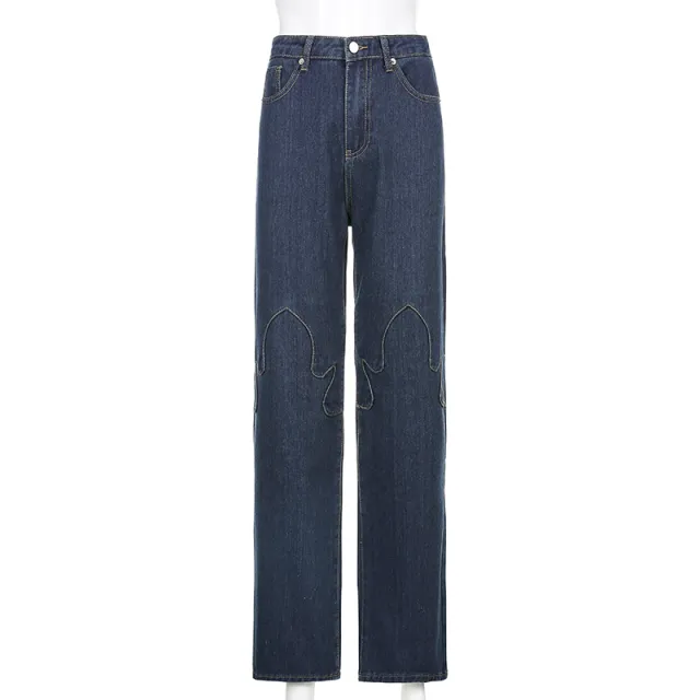 Flame Stitching Contrast High rise Casual Small Jeans Grey - Shop at LoveMi