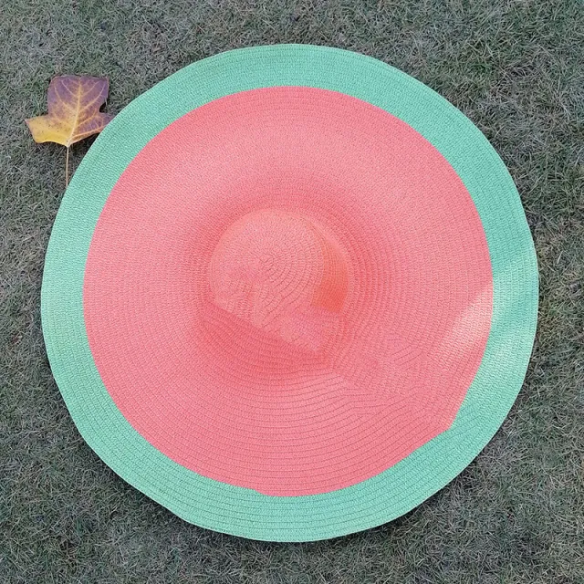 70cm Big Brim Folding Straw Hat Sunshade Orange Green Color Matching - Shop at LoveMi