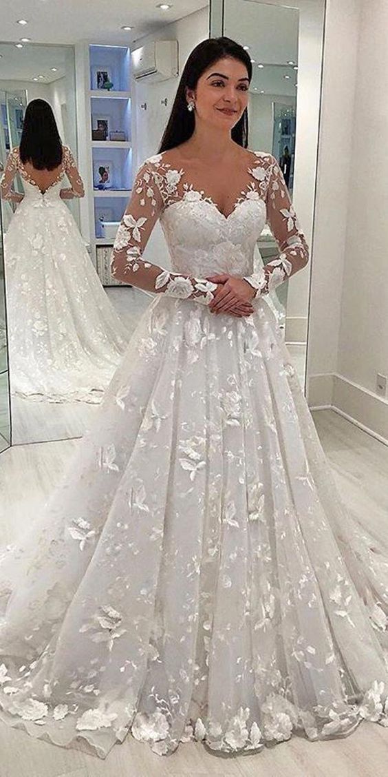 Lace Deep V Long Sleeve Dress Long Dress White - Shop at LoveMi
