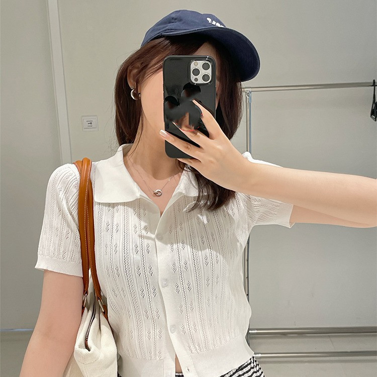 Polo Collar Sweater Thin Women's Summer Short-sleeved Cardigan