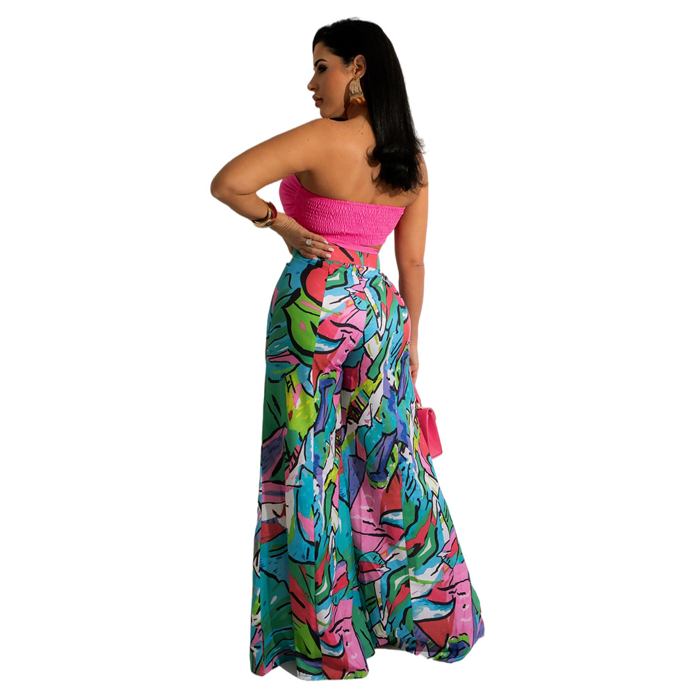 Women's Resort Style Wrap Chest Loose Wide Leg Pants Set
