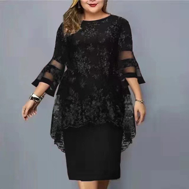 Embroidery Lace Stitching False Two Piece Solid Color Ladies Dress — image 1