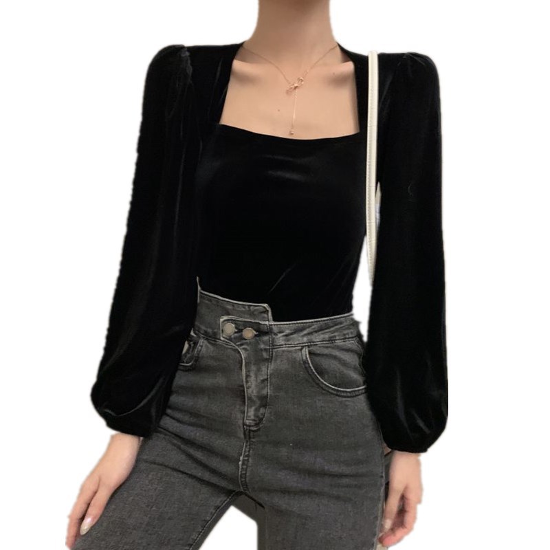 Gold Velvet Square Neck Lightly Cooked Puff Sleeve Clavicle Top