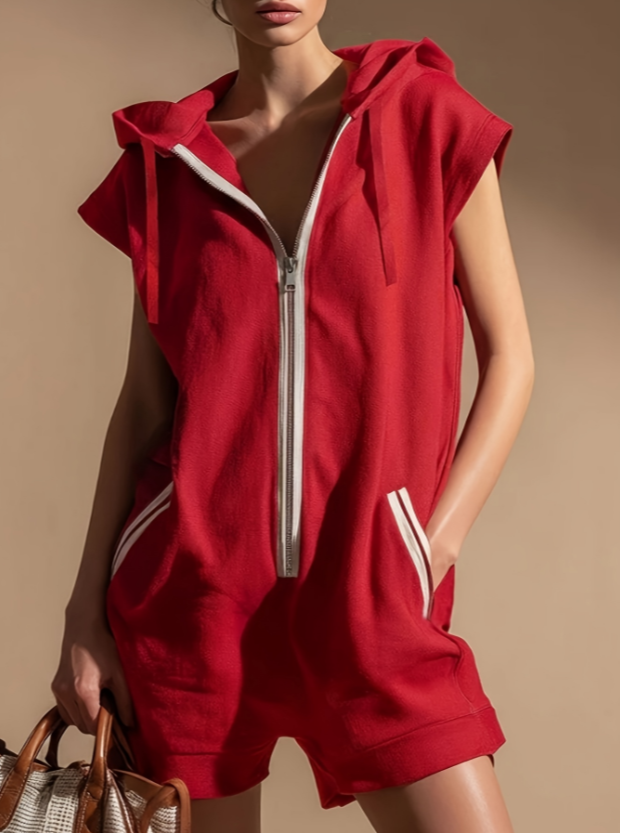 Hooded Sleeveless Half Zip Stripe Pocket Casual Romper