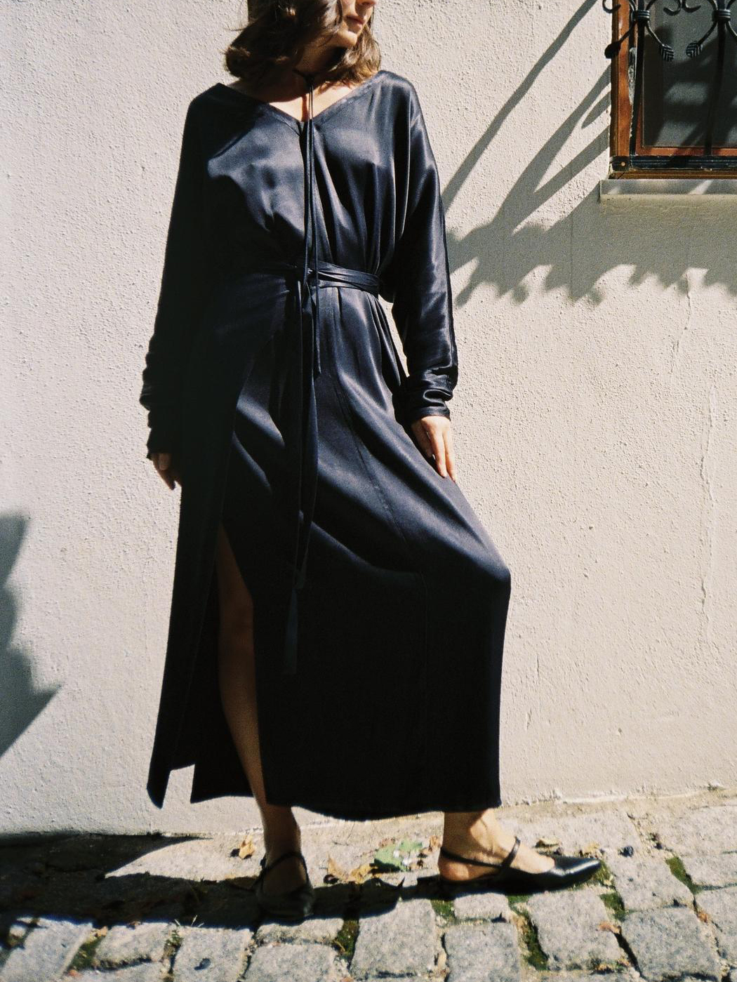 Navy Blue Satin Tie-Waist Slit Long Sleeve Maxi Dress