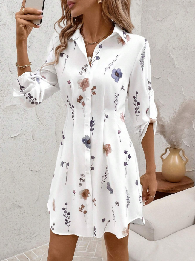 Women's Autumn Winter Fashionable Versatile Commuter Floral Print Shirt Dress